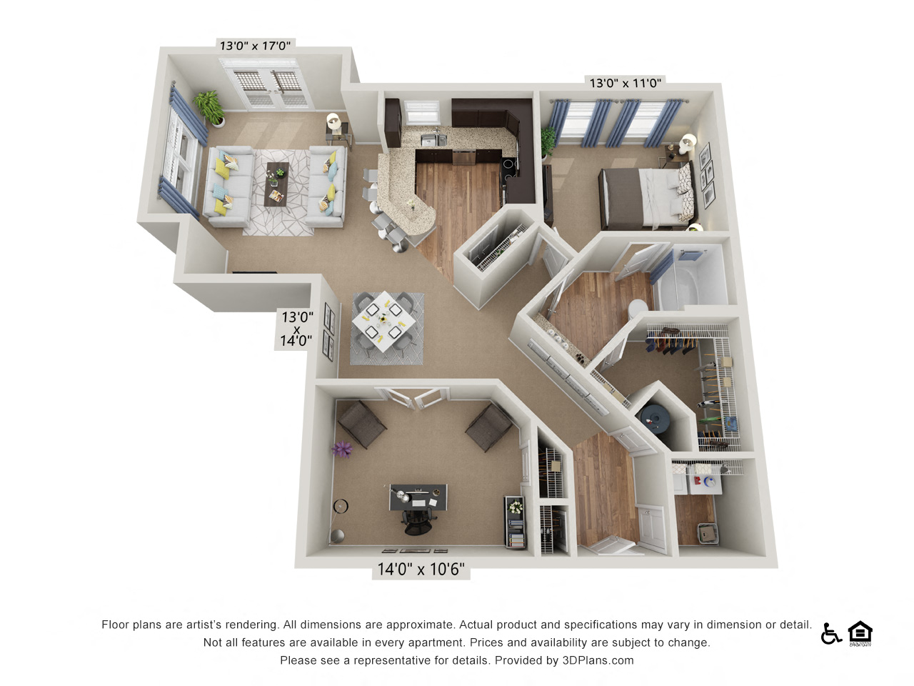 Floor plan for 1 bed, 1 bath, 1250 sqft